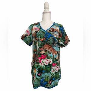 Tropical Rainforest Animal Print Nursing Medical Scrub Top Women’s Large